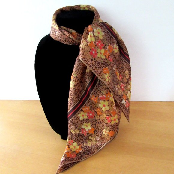 Brown,orange,pale yellow floral spring or fall scarf 28" - head wrap, neck scarf - Picture 1 of 6